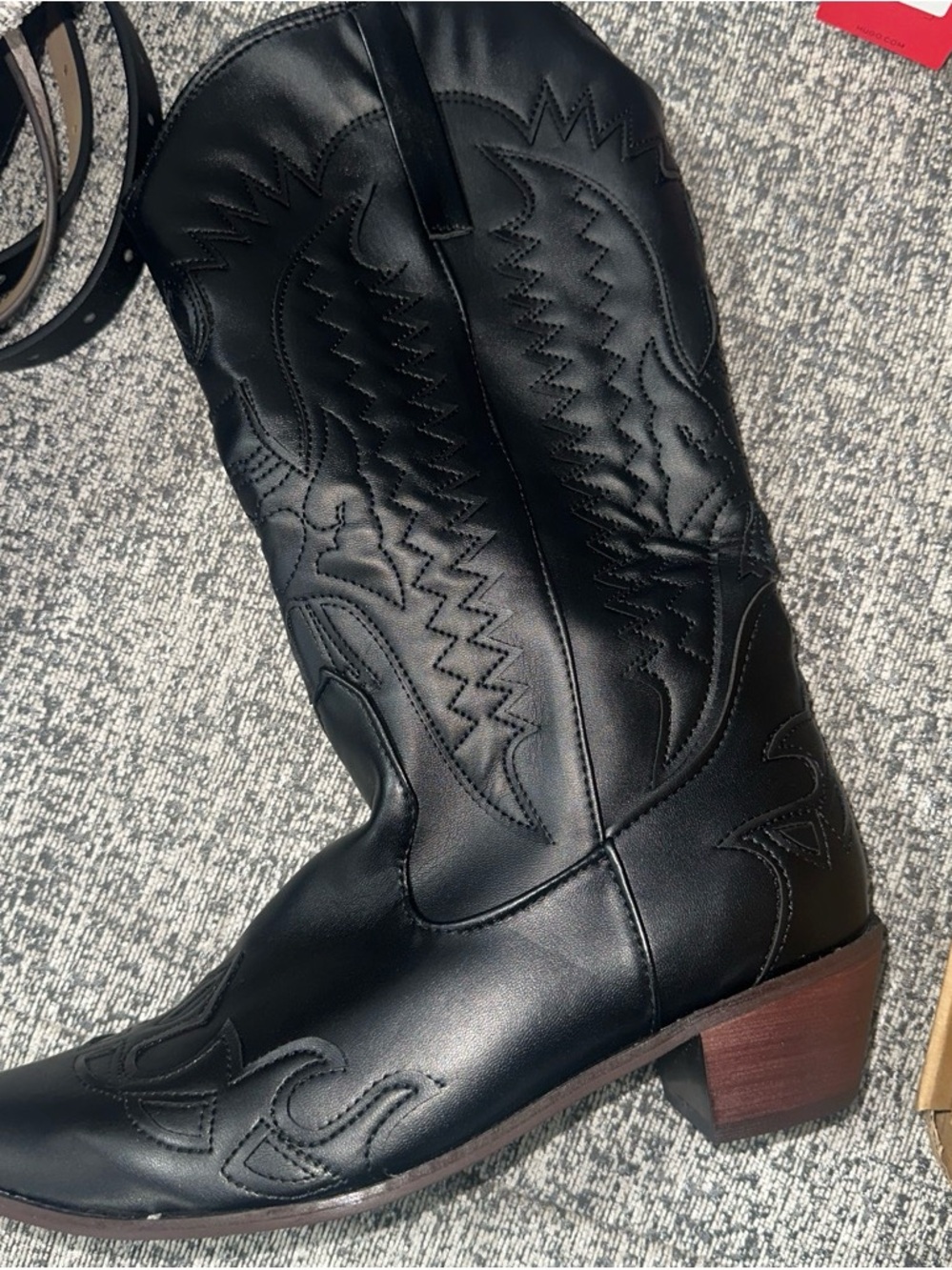 Black Western Stitch Leather Cowboy Boots - Picture 1 of 2